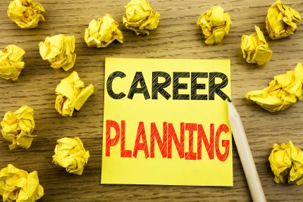 Word, writing Career Planning. Business concept for Business Growth Goal Setting written on sticky note paper on wooden background. Folded yellow papers on the background